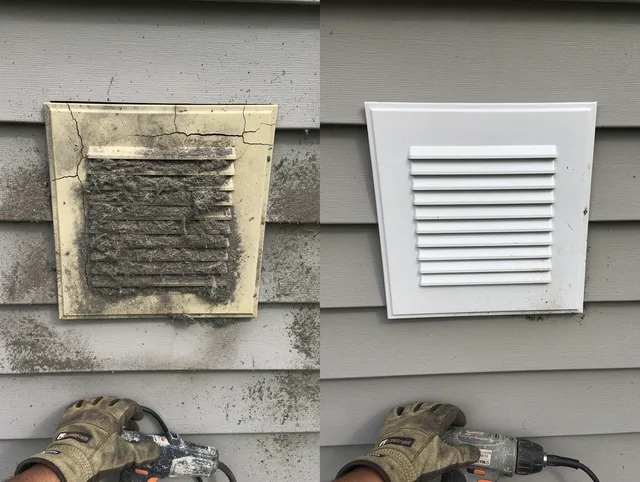Scituate Dryer Vent Cleaning technician installing high-quality dryer vent cover at a residential property in Scituate